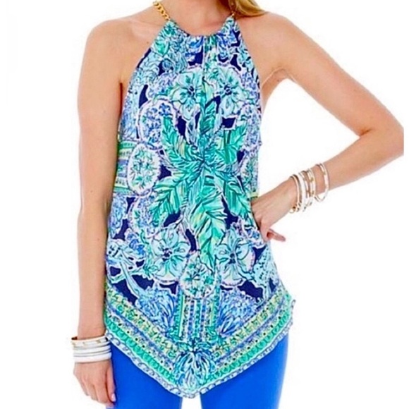 Lilly Pulitzer Tops - Lilly Pulitzer Silk Cabana Escape Artist Print Top Size M